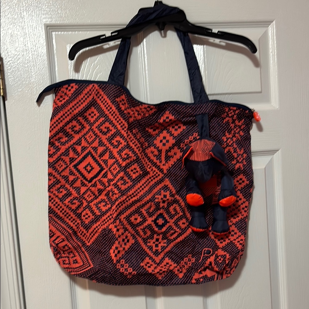 Reusable Nylon Patterned Zip Tote Bag w/Elephant Storage Pouch Orange Navy